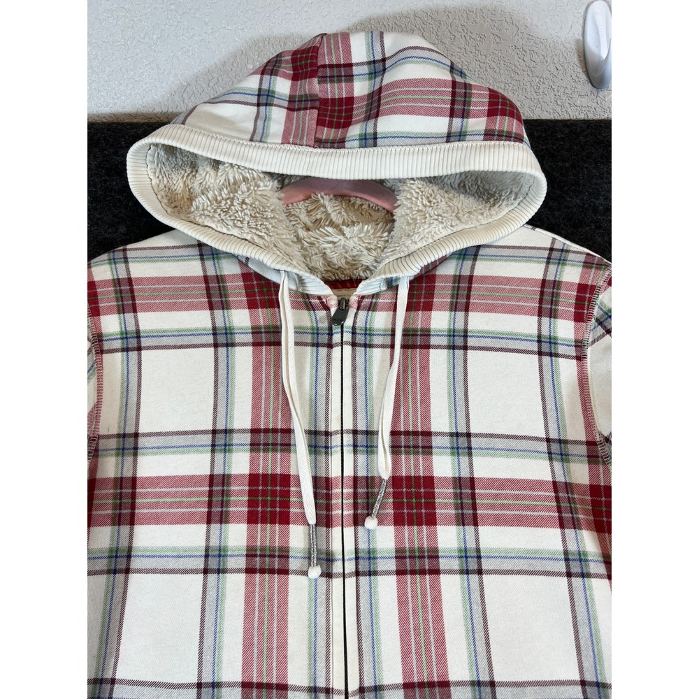 Aeropostale Plaid Faux Fur Lined Full Zip Up Hoodie Red Cream Womens XL - Picture 2 of 9